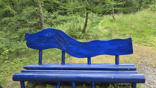 Eine blaue Holzbank, die einen stilisierten Drachen darstellt.